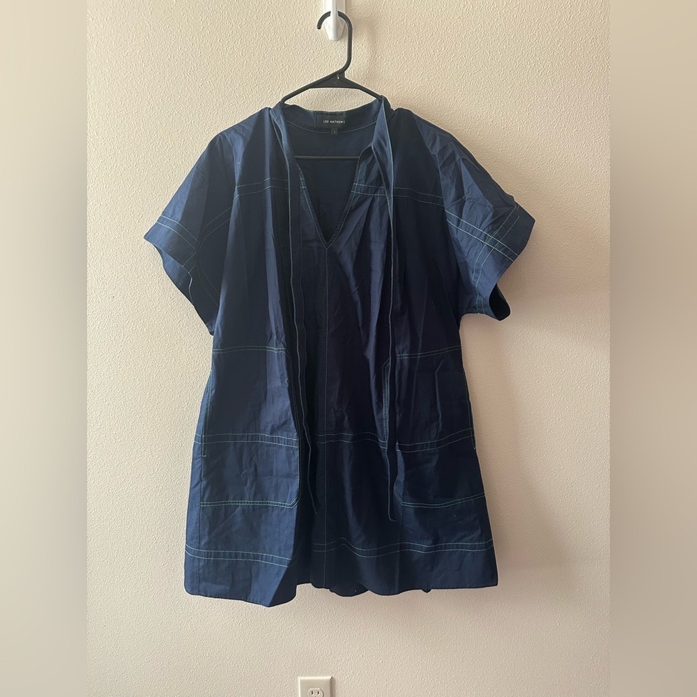 Lee Matthews oversized mini dress navy blue green stitching size 1 (US 2 or 4) S